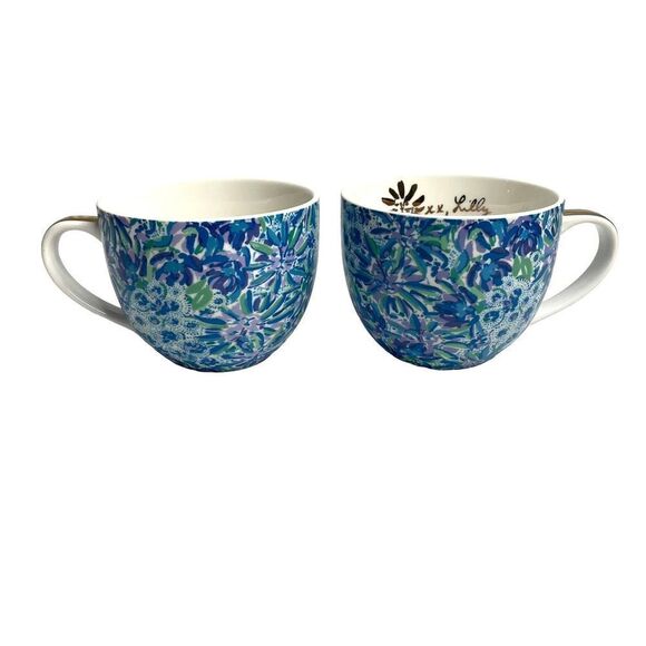 Set of 2 Lilly‎ Pulitzer tea coffee Mugs High Maintenance Blue Floral Cups - Picture 1 of 7